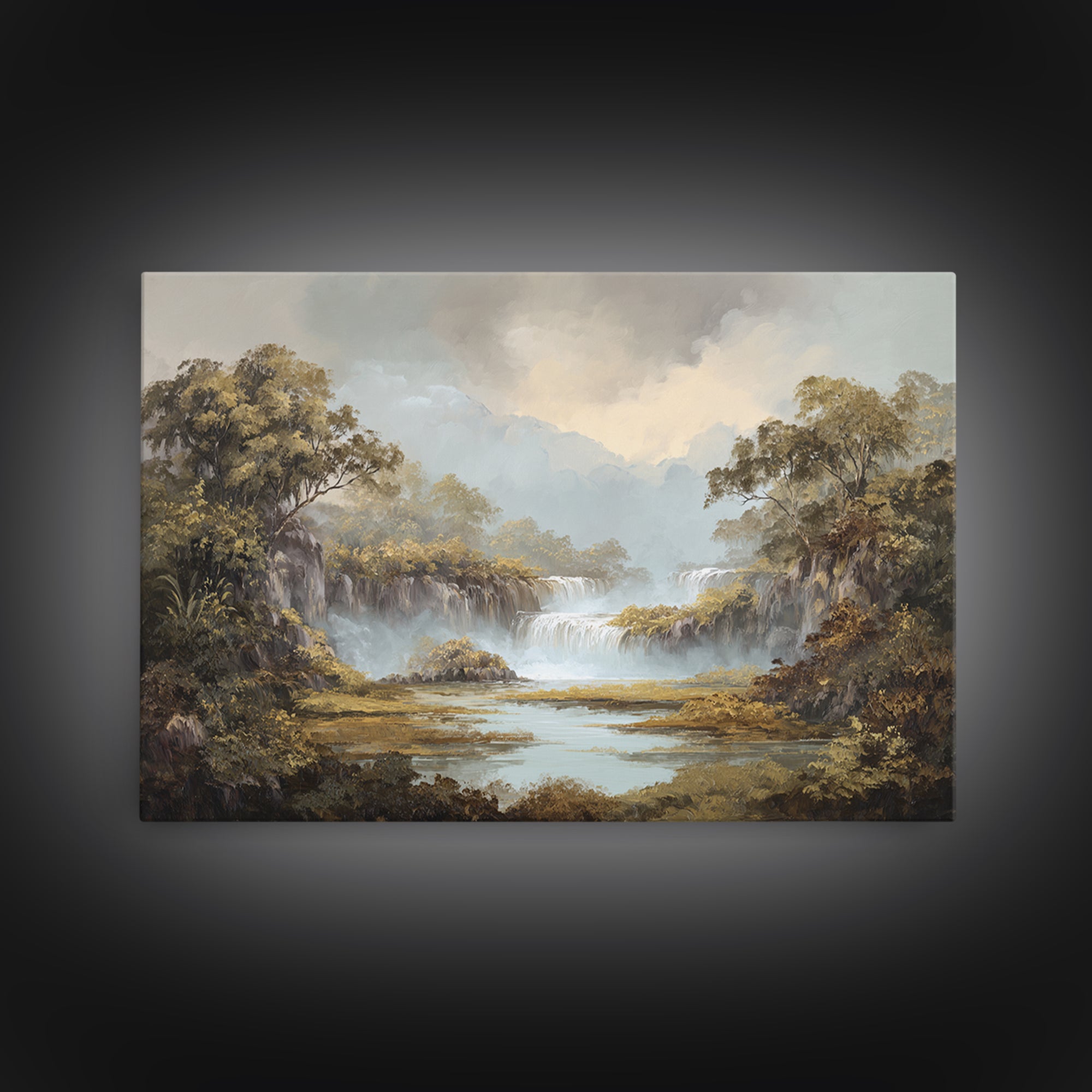 Tropical Jungle Waterfall Framed Canvas Print, Landscape Art, Digital Prints, Living Room Decor, Horizon, Farmhouse Decor, LAN-3x2-92
