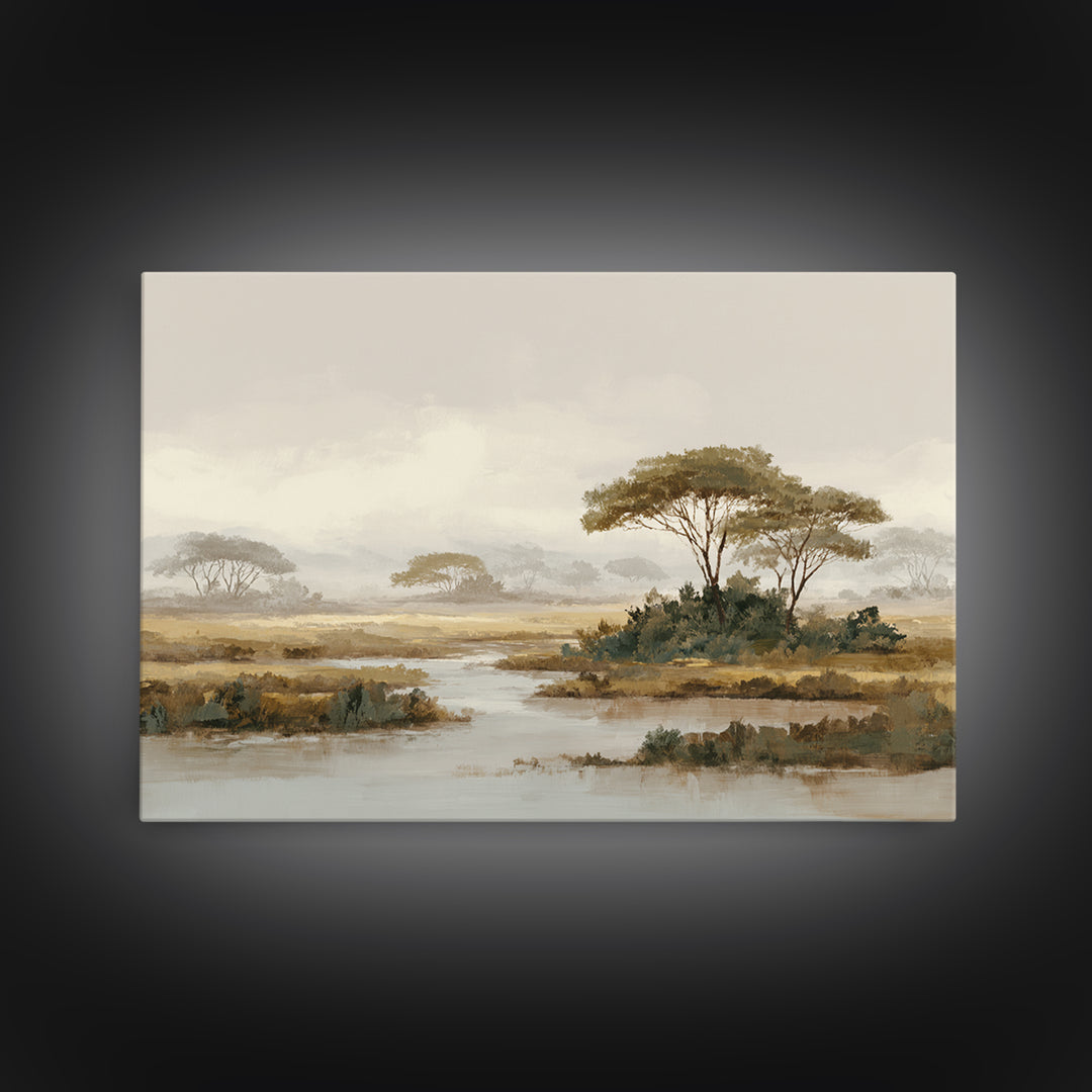 Wide Savanna with Acacia Silhouette Framed Canvas Print, Landscape Art, Digital Wall Art, Living Room Decor, Fine Art, Horizon, LAN-3x2-95