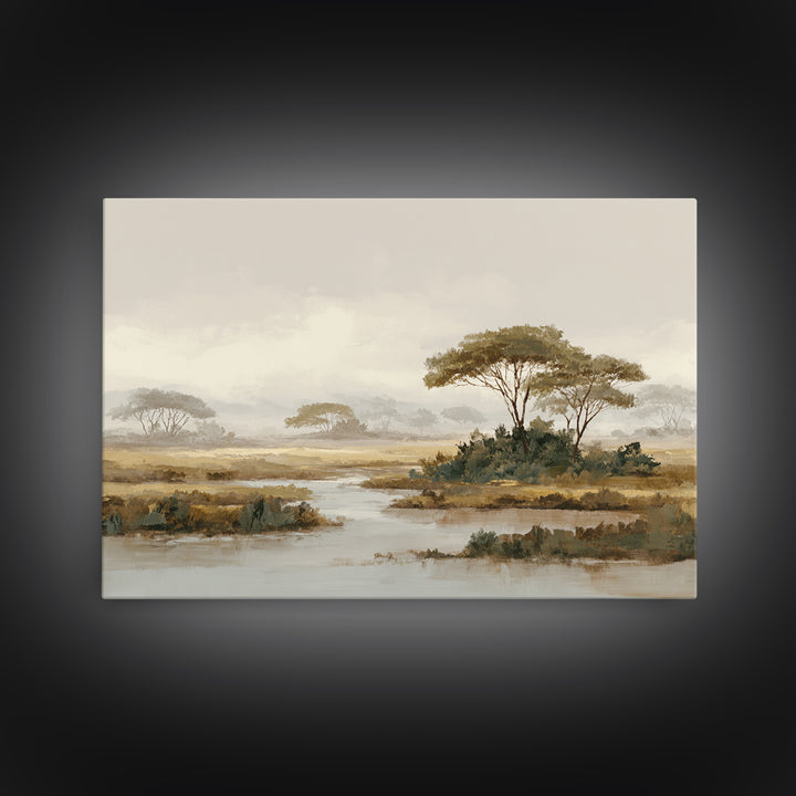 Wide Savanna with Acacia Silhouette Framed Canvas Print, Landscape Art, Digital Wall Art, Living Room Decor, Fine Art, Horizon, LAN-3x2-95