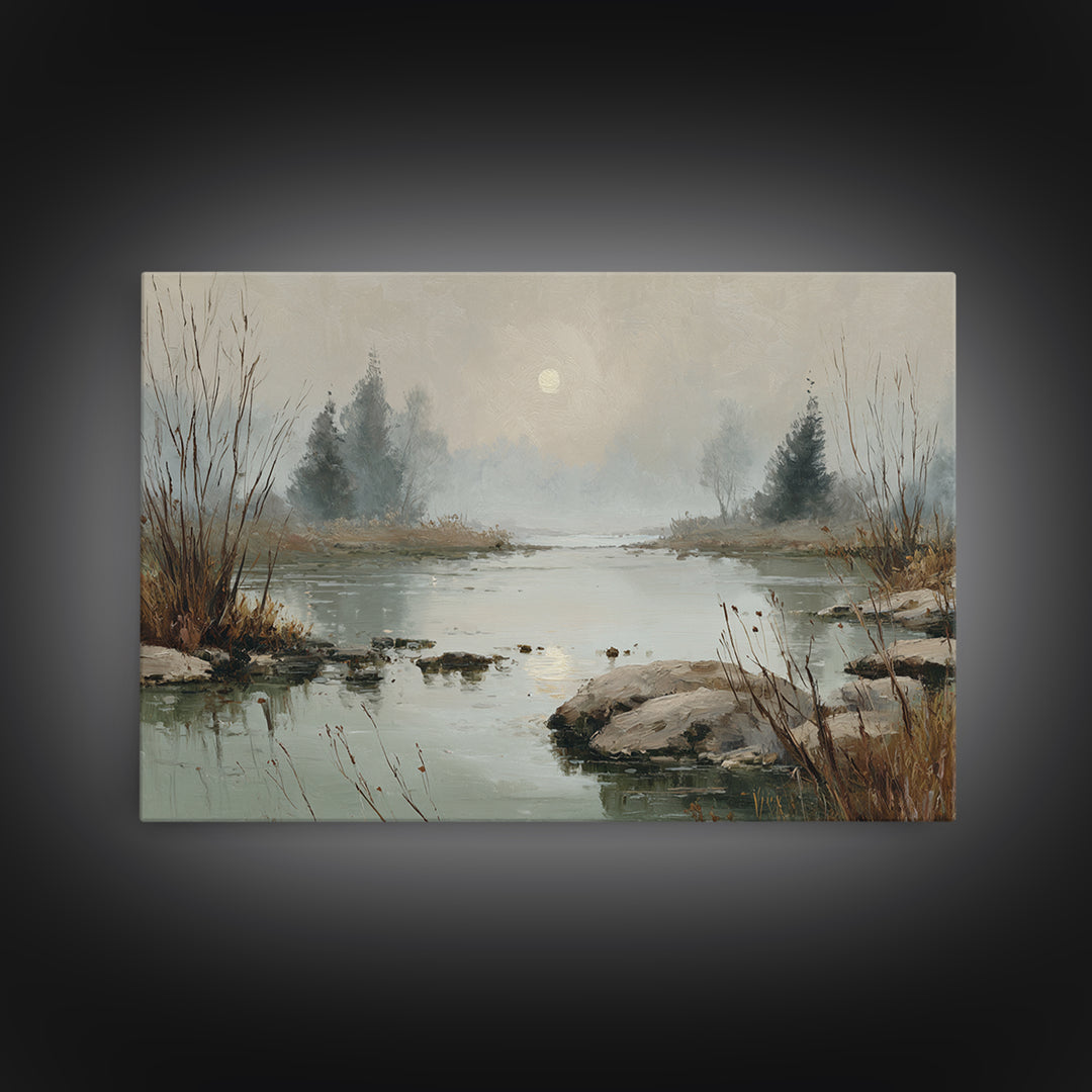 Moonlit River with Silver Reflections Framed Canvas Print, Landscape Art, Luxury Decor, Living Room Decor, Fine Art, Horizon, LAN-3x2-97