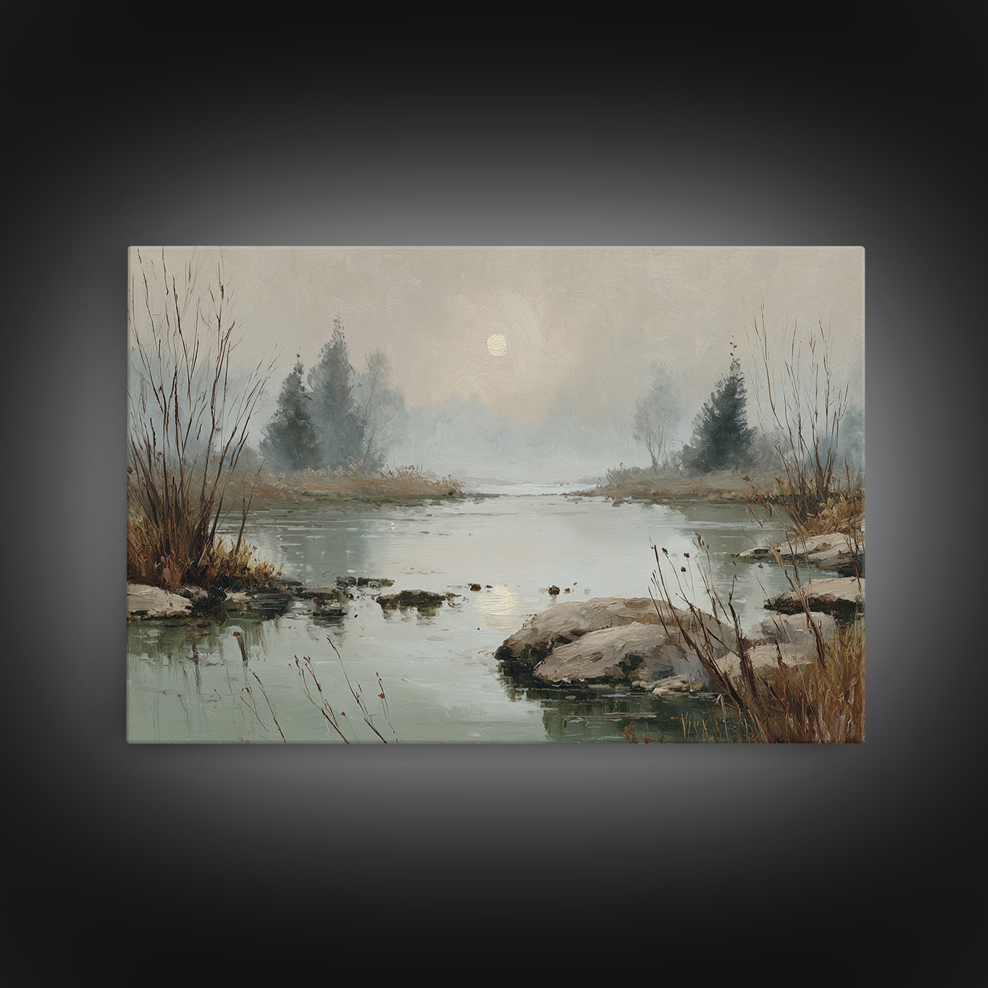 Moonlit River with Silver Reflections Framed Canvas Print, Landscape Art, Luxury Decor, Living Room Decor, Fine Art, Horizon, LAN-3x2-97