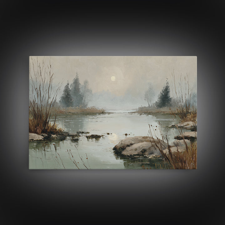 Moonlit River with Silver Reflections Framed Canvas Print, Landscape Art, Luxury Decor, Living Room Decor, Fine Art, Horizon, LAN-3x2-97