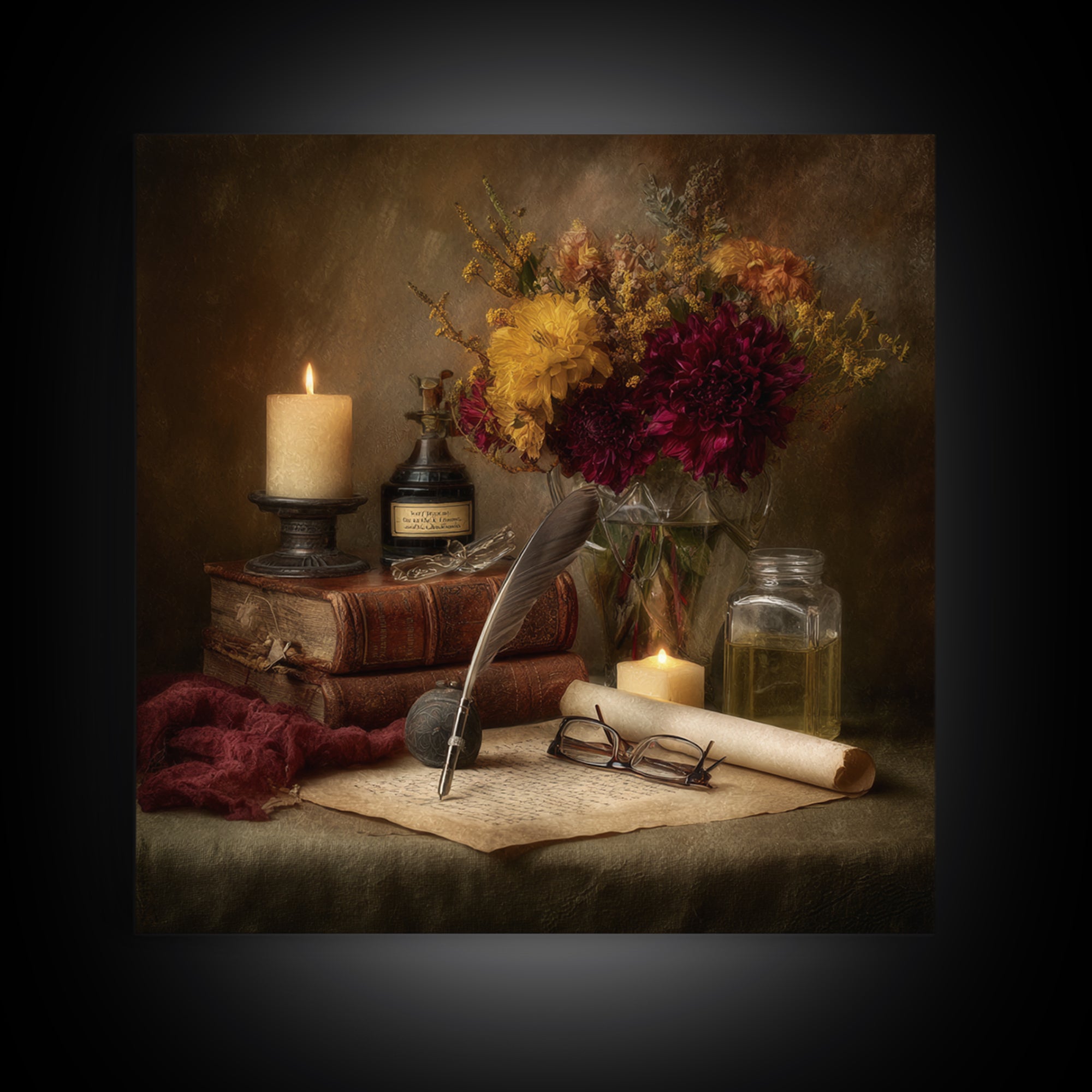 Fountain Pen and Parchment Framed Canvas Print, Library Art, Painting, Library Decor, Fine Art, Archive, Halloween Printable, LIB-1x1-12