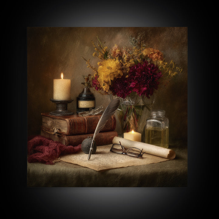 Fountain Pen and Parchment Framed Canvas Print, Library Art, Painting, Library Decor, Fine Art, Archive, Halloween Printable, LIB-1x1-12