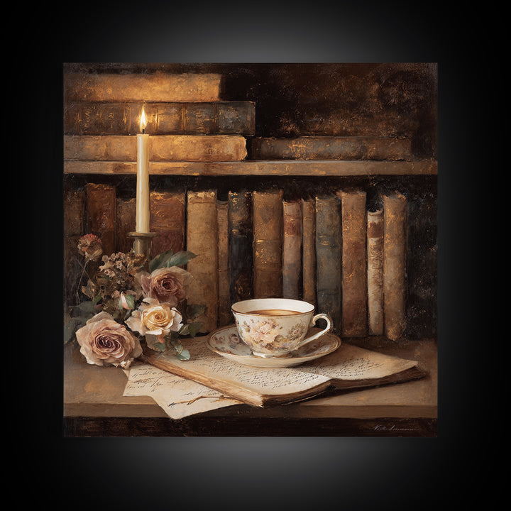 Teacup Beside a Novel and Roses Canvas Print, Library Art, Black Cat Art, Library Decor, Fine Art, Archive, Luxury Decor, LIB-1x1-14