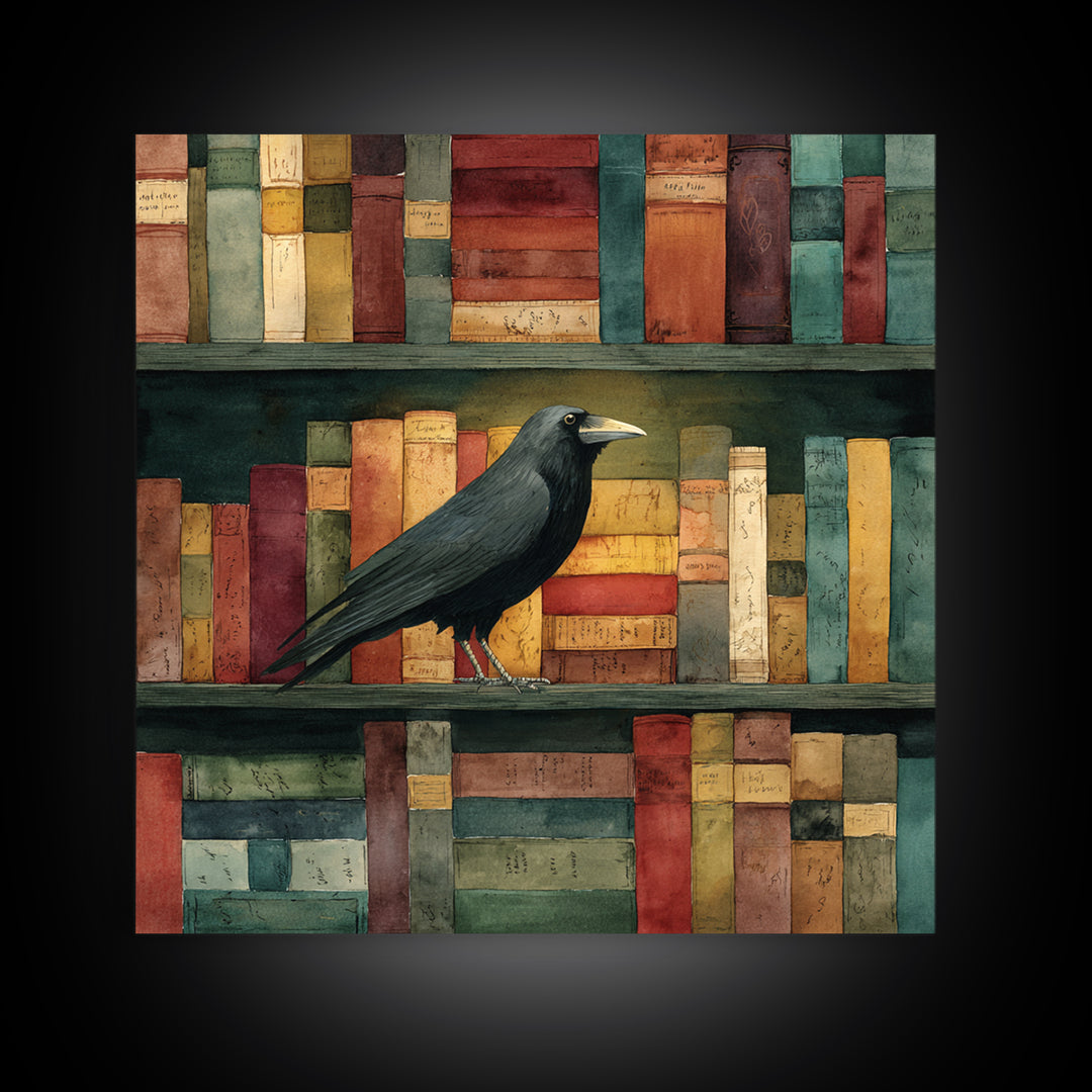 Black Raven Perched on Closed Book Canvas Print, Library Art, Book Art, Library Decor, Oil Painting, Archive, Fine Art Print, LIB-1x1-22