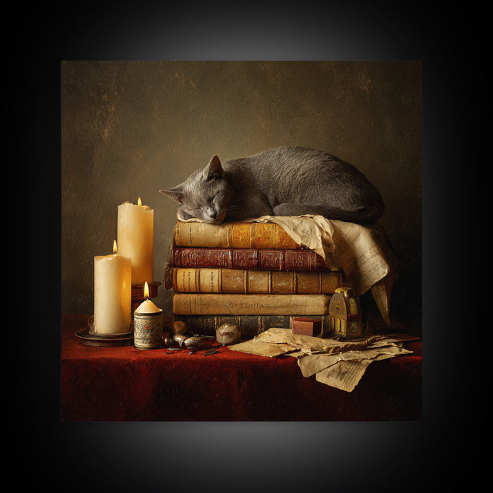 Cat Sleeping on a Book Stack Canvas Print, Library Art, Moody Wall Art, Library Decor, Fine Art, Archive, Gallery Decor, LIB-1x1-31