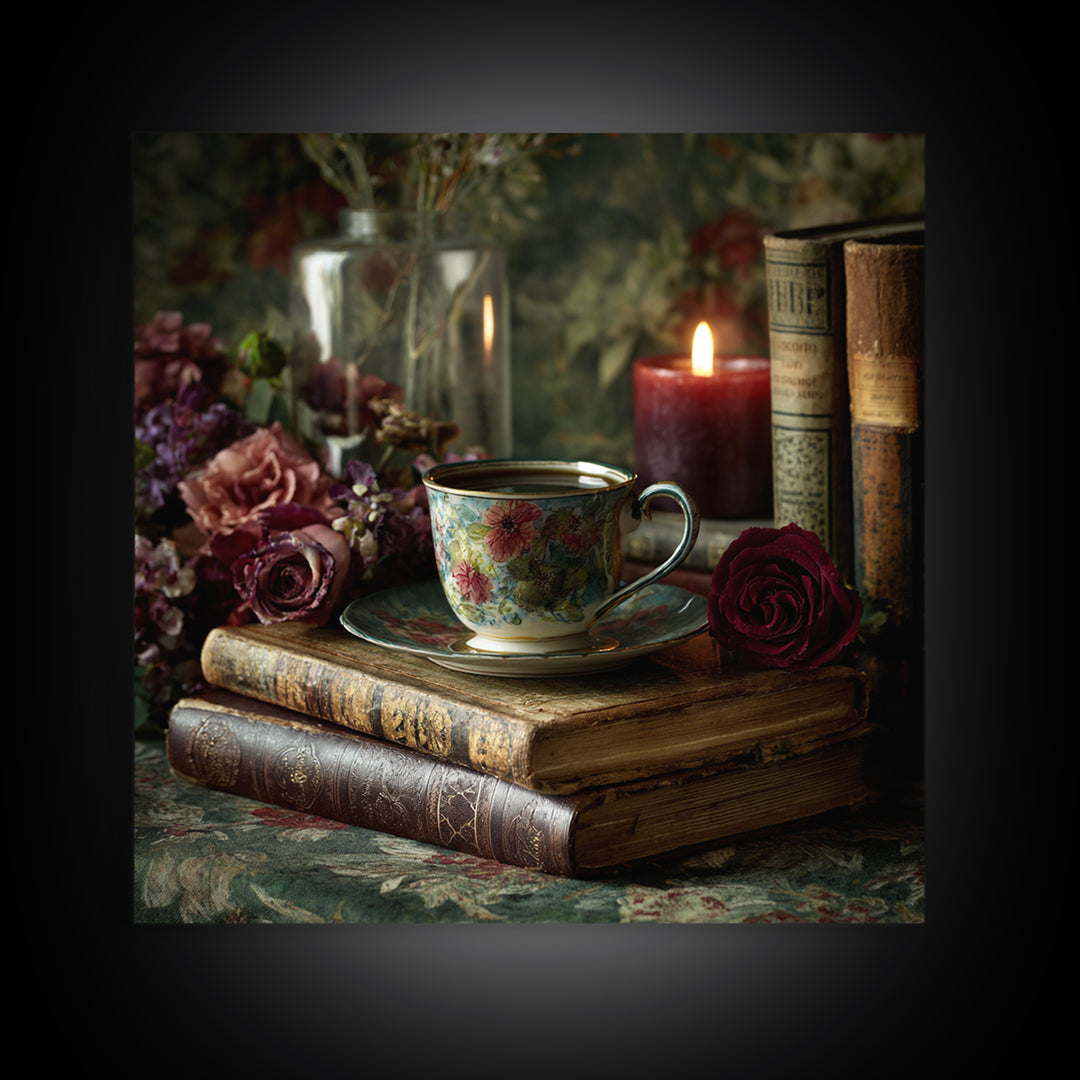 Teacup Beside a Novel and Roses Framed Canvas Print, Library Art, Gallery Decor, Library Decor, Fine Art, Archive, Wall Art, LIB-1x1-38