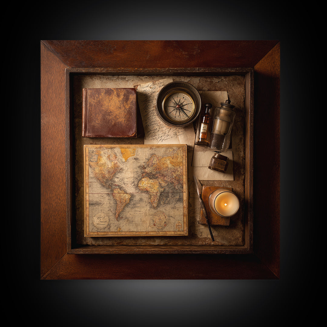 Map and Compass on Leather Bound Atlas Framed Canvas Print, Library Art, Room Decor, Library Decor, Fine Art, Archive, LIB-1x1-40
