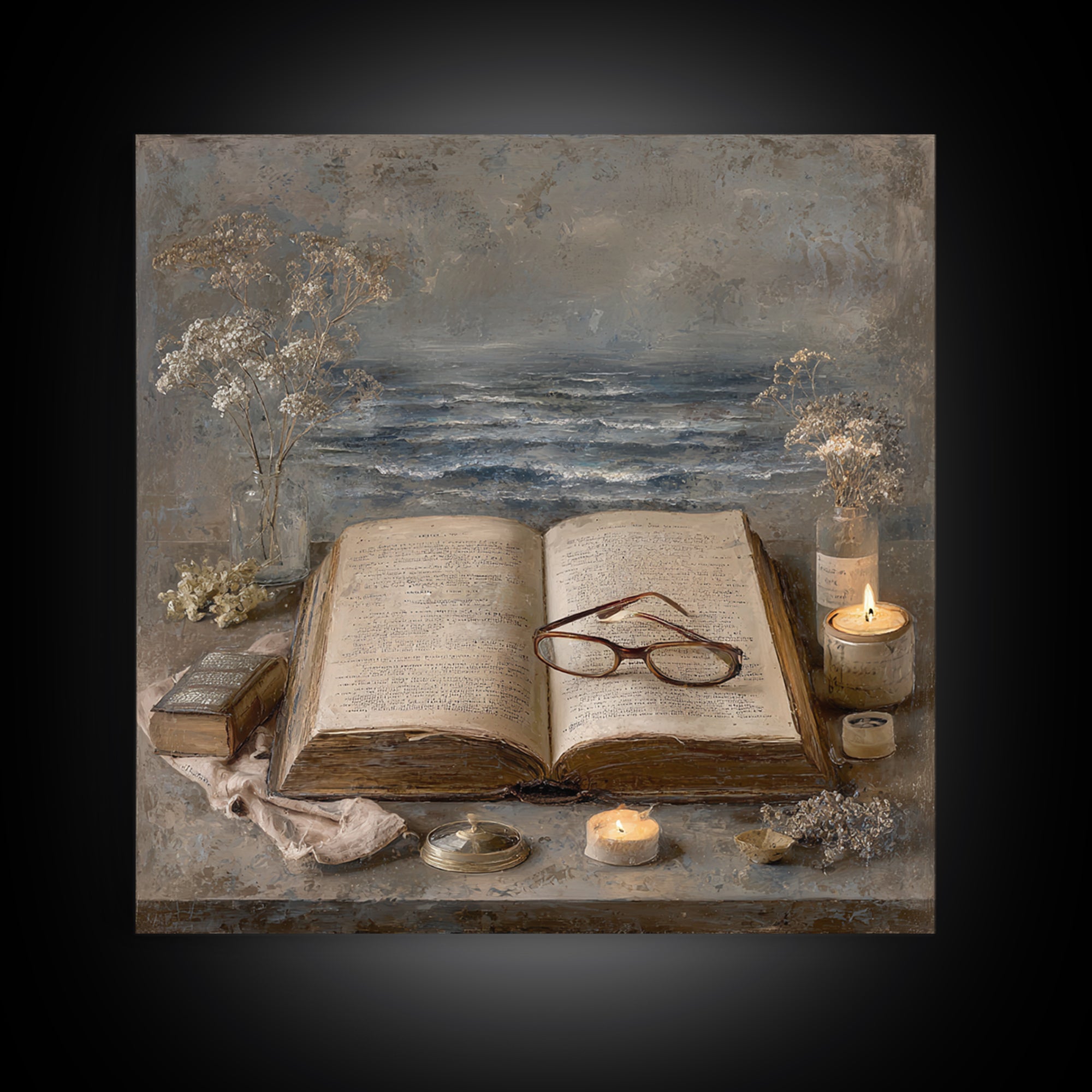 Stormy Sea Painting Inside an Open Book Framed Canvas Print, Library Art, Dark Academia Art, Library Decor, Abstract Art, LIB-1x1-42