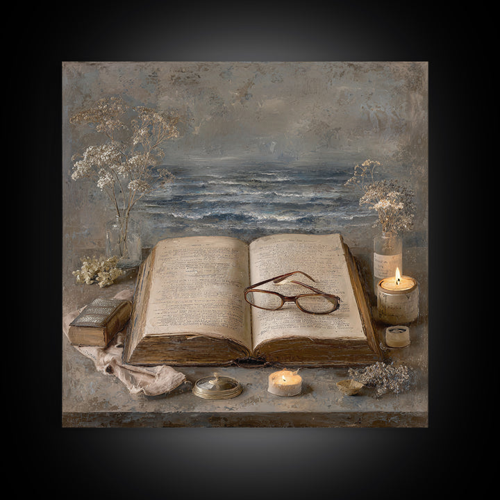 Stormy Sea Painting Inside an Open Book Framed Canvas Print, Library Art, Dark Academia Art, Library Decor, Abstract Art, LIB-1x1-42