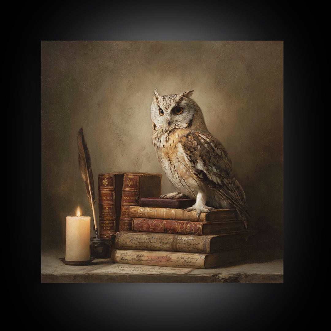 Owl Perched on a Pile of Antique Canvas Print, Library Art, Gothic Wall Decor, Library Decor, Fine Art, Archive, LIB-1x1-50
