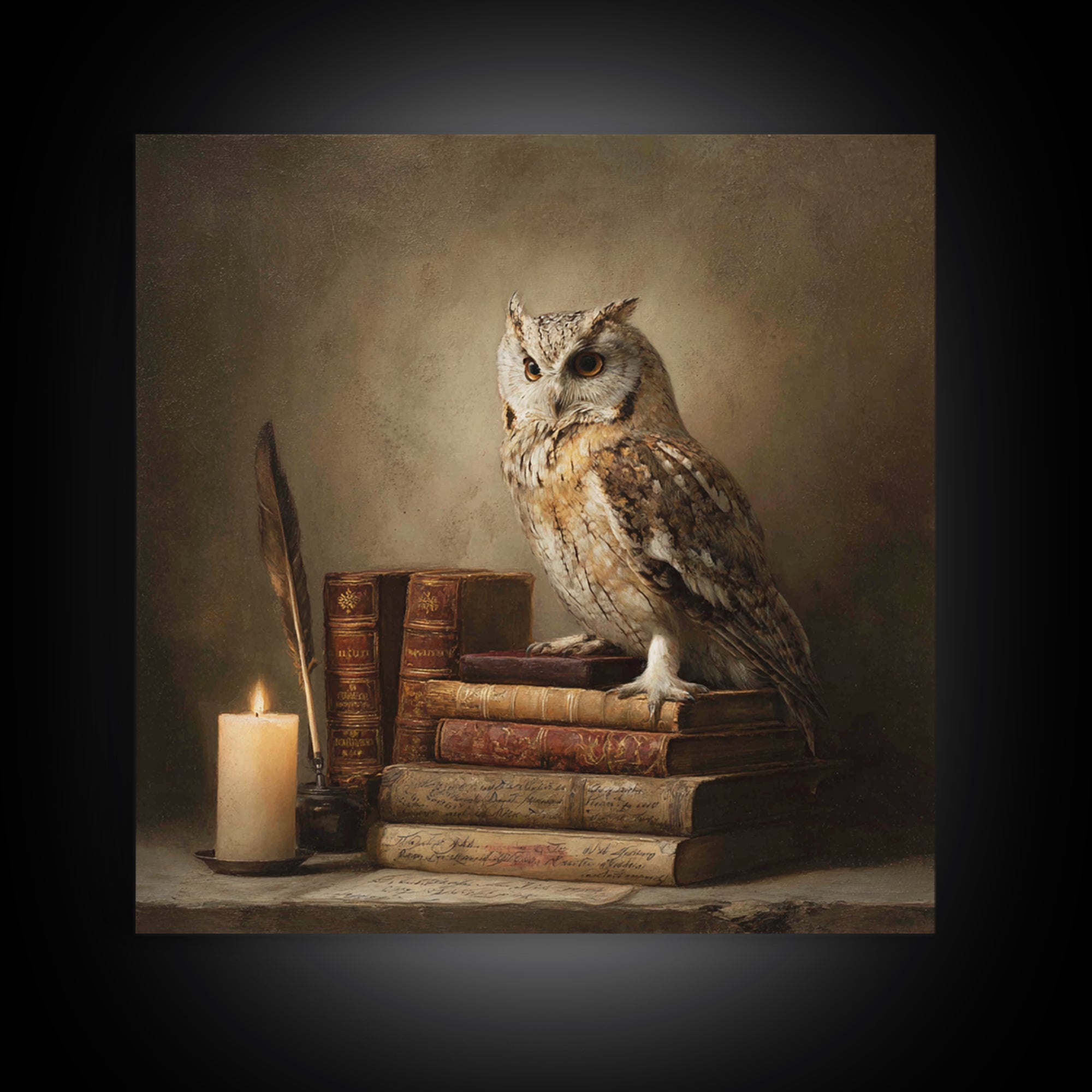 Owl Perched on a Pile of Antique Canvas Print, Library Art, Gothic Wall Decor, Library Decor, Fine Art, Archive, LIB-1x1-50