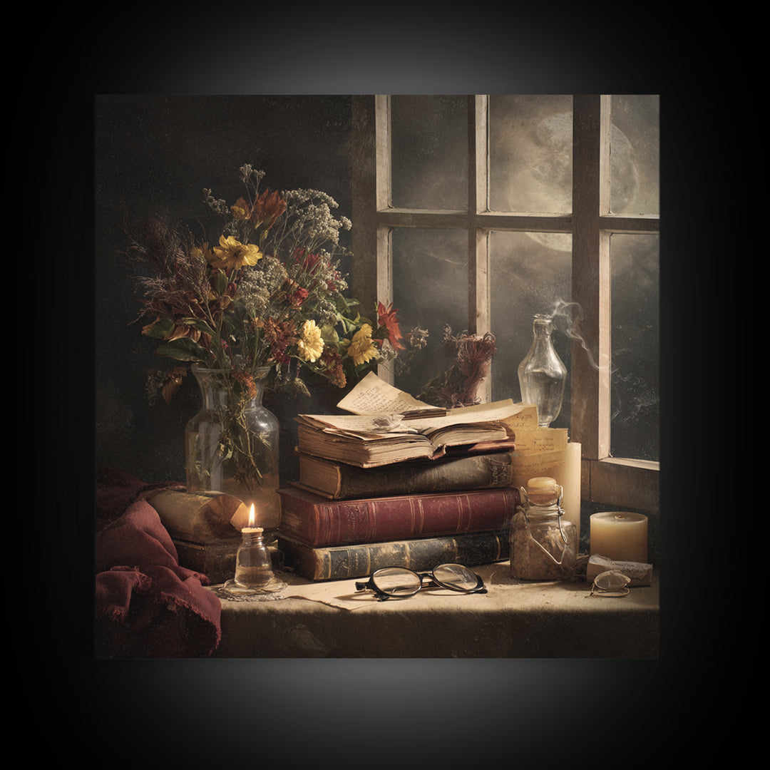 Moonlit Window with Floating Pages Framed Canvas Print, Library Art, Dark Academia Decor, Library Decor, Fine Art, Archive, LIB-1x1-56