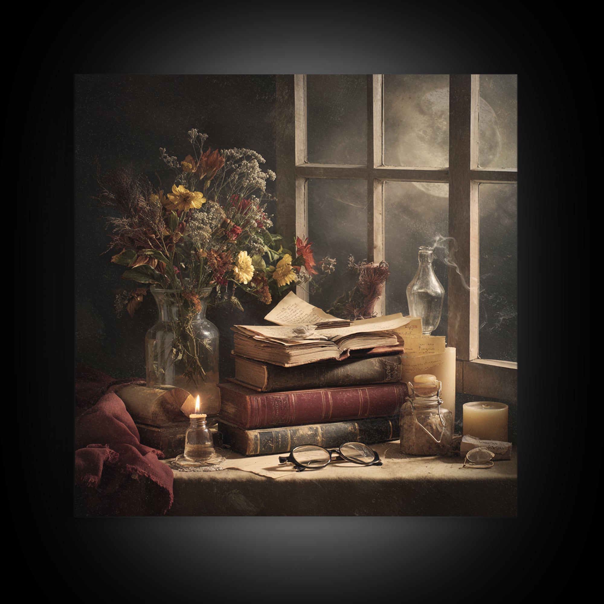 Moonlit Window with Floating Pages Framed Canvas Print, Library Art, Dark Academia Decor, Library Decor, Fine Art, Archive, LIB-1x1-56