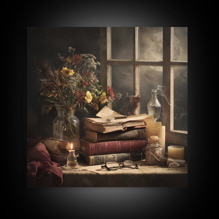 Moonlit Window with Floating Pages Framed Canvas Print, Library Art, Dark Academia Decor, Library Decor, Fine Art, Archive, LIB-1x1-56