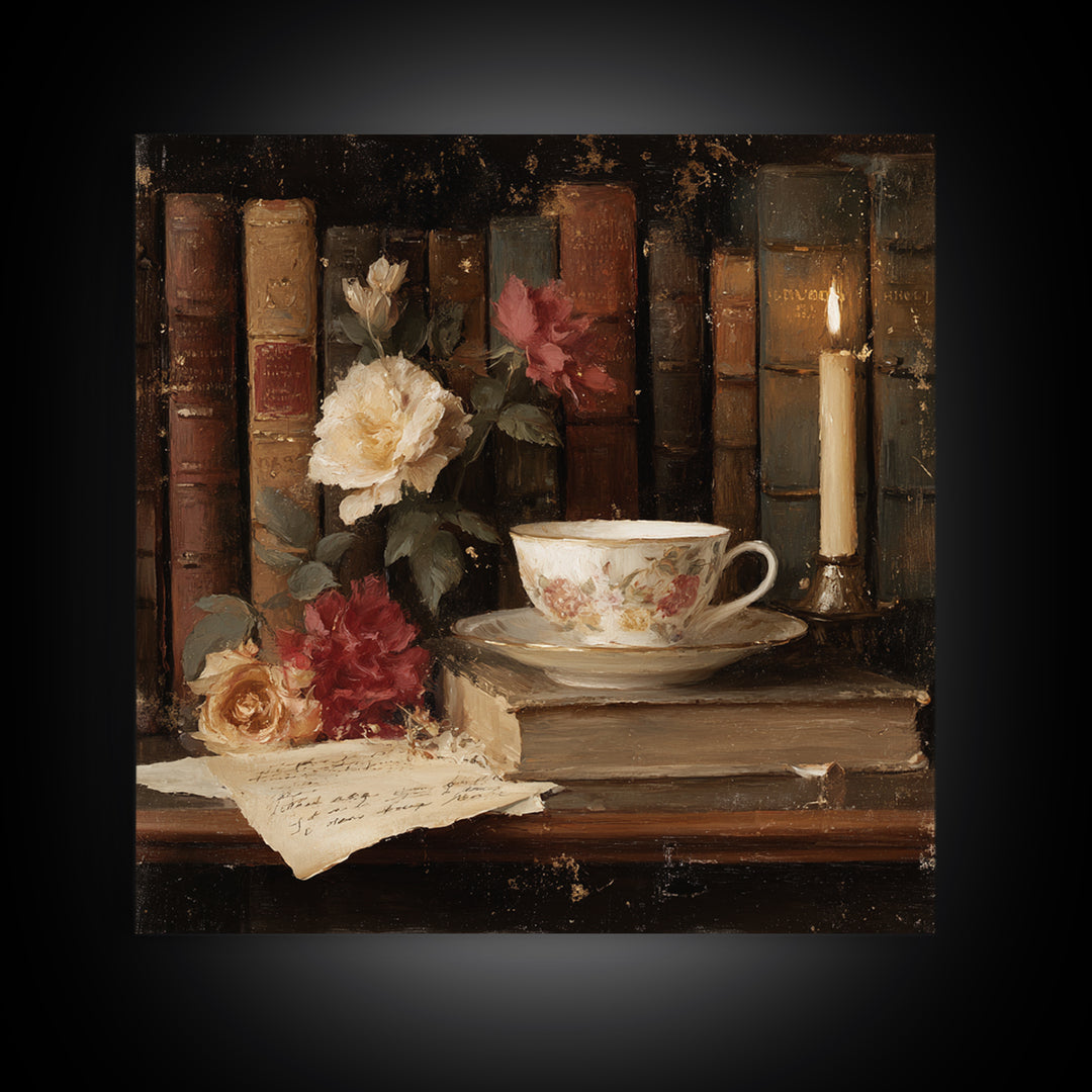 Teacup Beside a Novel and Roses Framed Canvas Print, Library Art, Gallery Decor, Library Decor, Fine Art, Archive, Wall Art, LIB-1x1-62