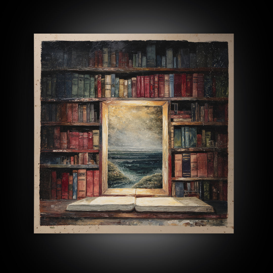 Stormy Sea Painting Inside an Open Book Framed Canvas Print, Library Art, Dark Academia Art, Library Decor, Abstract Art, LIB-1x1-66