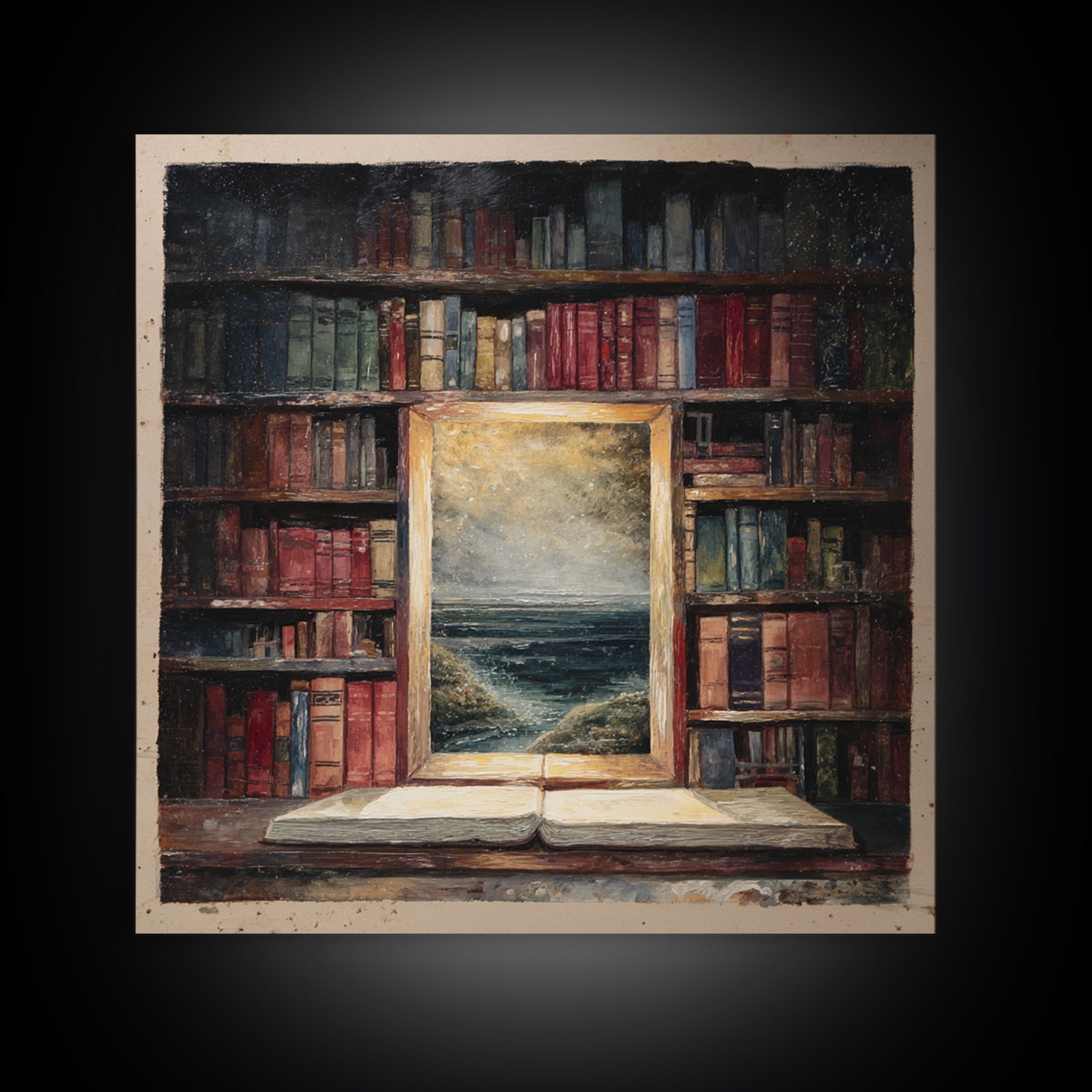 Stormy Sea Painting Inside an Open Book Framed Canvas Print, Library Art, Dark Academia Art, Library Decor, Abstract Art, LIB-1x1-66