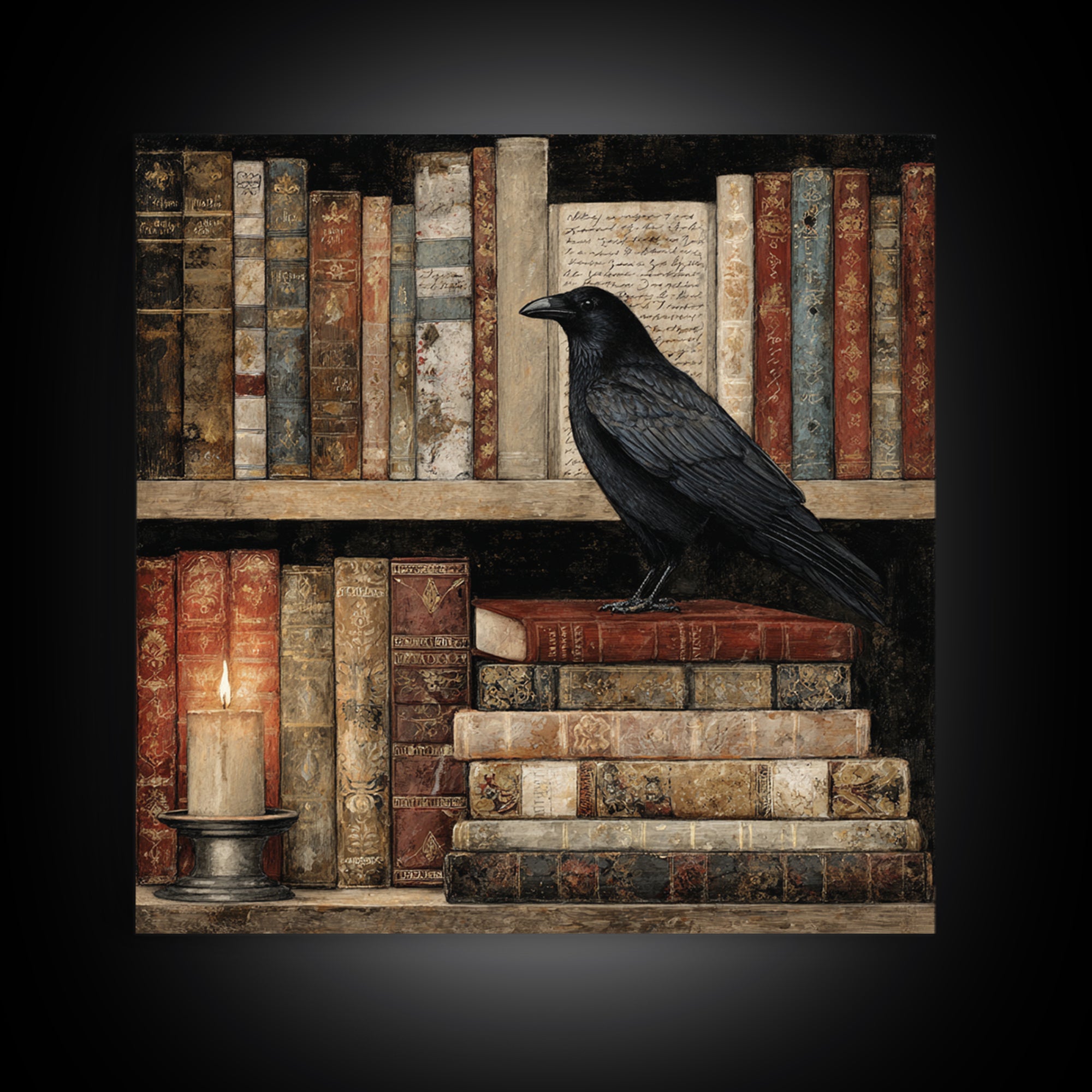 Black Raven Perched on Closed Book Framed Canvas Print, Library Art, Reading Nook Decor, Library Decor, Fine Art, Archive, LIB-1x1-70