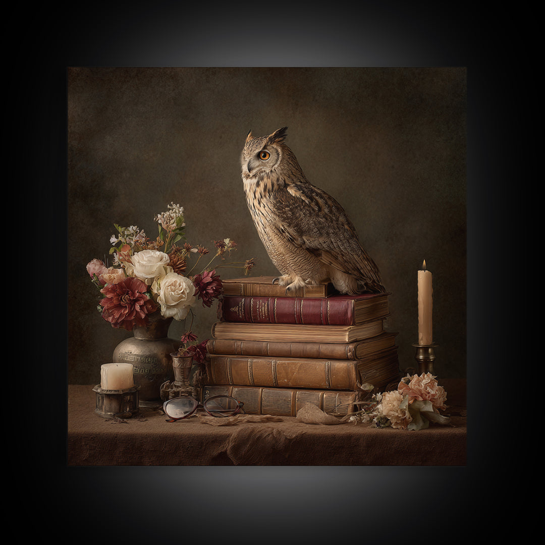 Owl Perched on a Pile of Antique Framed Canvas Print, Library Art, Fine Art Print, Library Decor, Fine Art, Archive, Painting, LIB-1x1-74