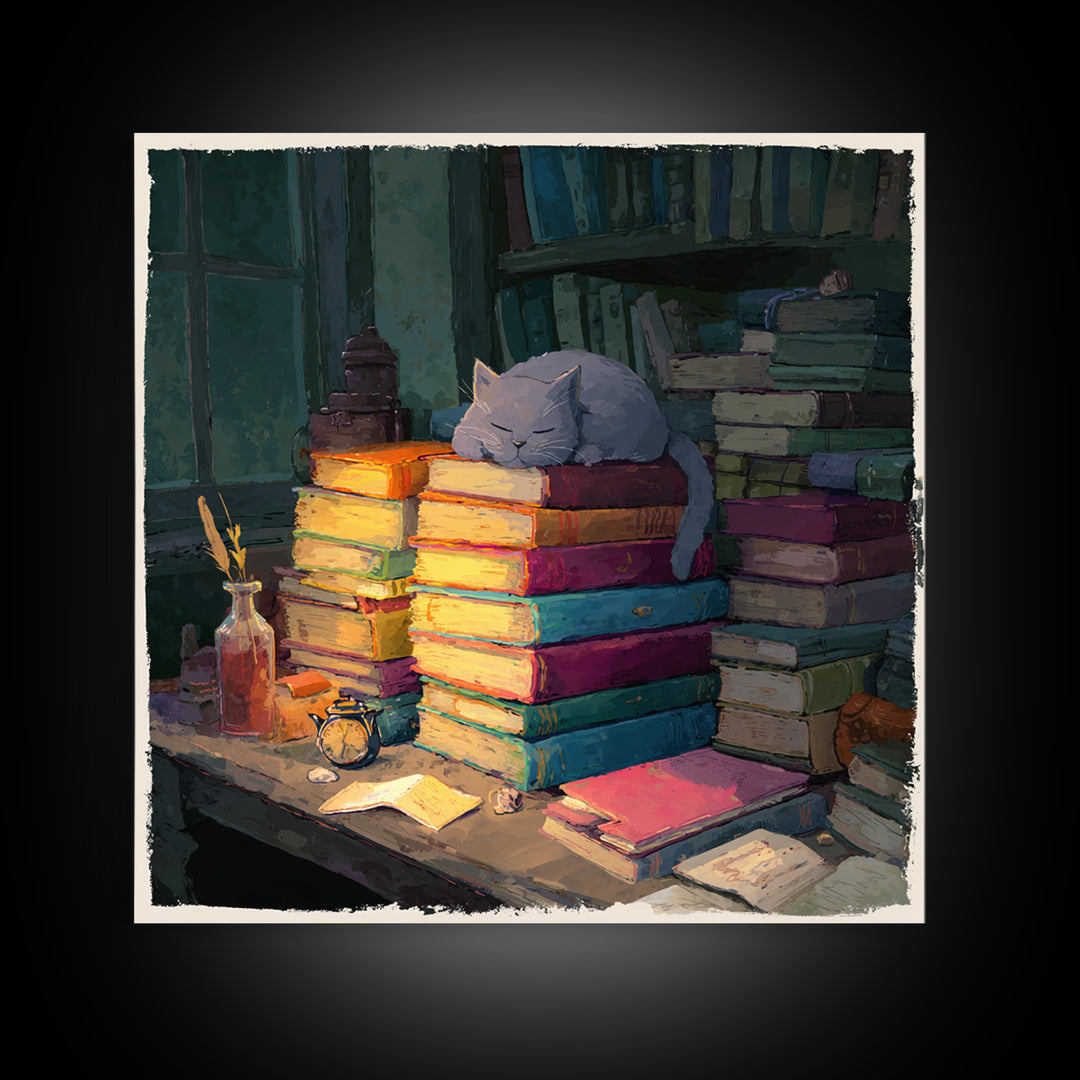 Cat Sleeping on a Book Stack Framed Canvas Print, Library Art, Boho Decor, Library Decor, Oil Painting, Archive, Digital Art, LIB-1x1-79