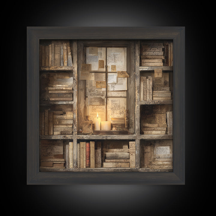 Moonlit Window with Floating Pages Framed Canvas Print, Library Art, Fine Art Print, Library Decor, Fine Art, Archive, LIB-1x1-80