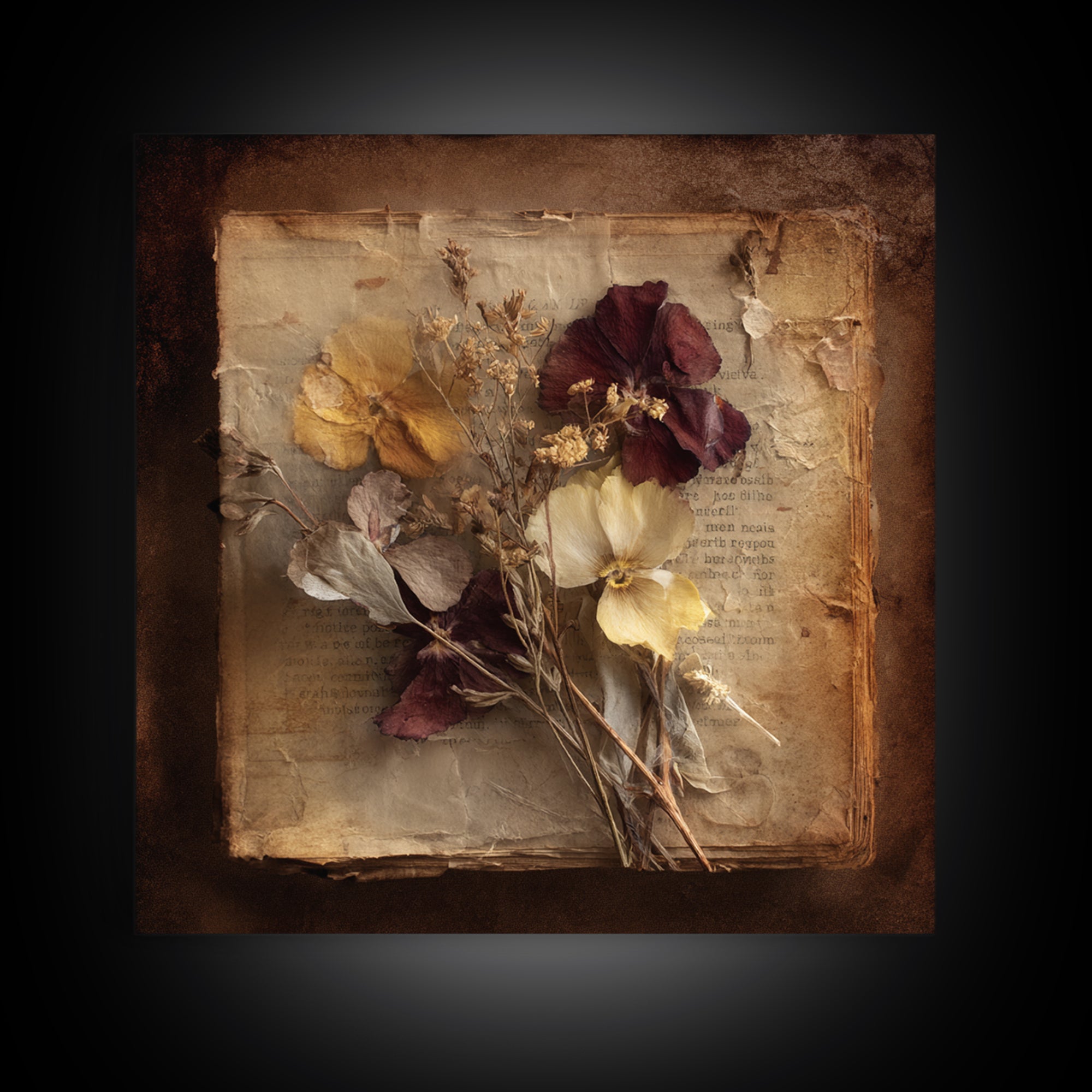Botanical Pressed Flowers Inside Old Pages Canvas Print, Library Art, Painting, Library Decor, Oil Painting, Archive, LIB-1x1-81