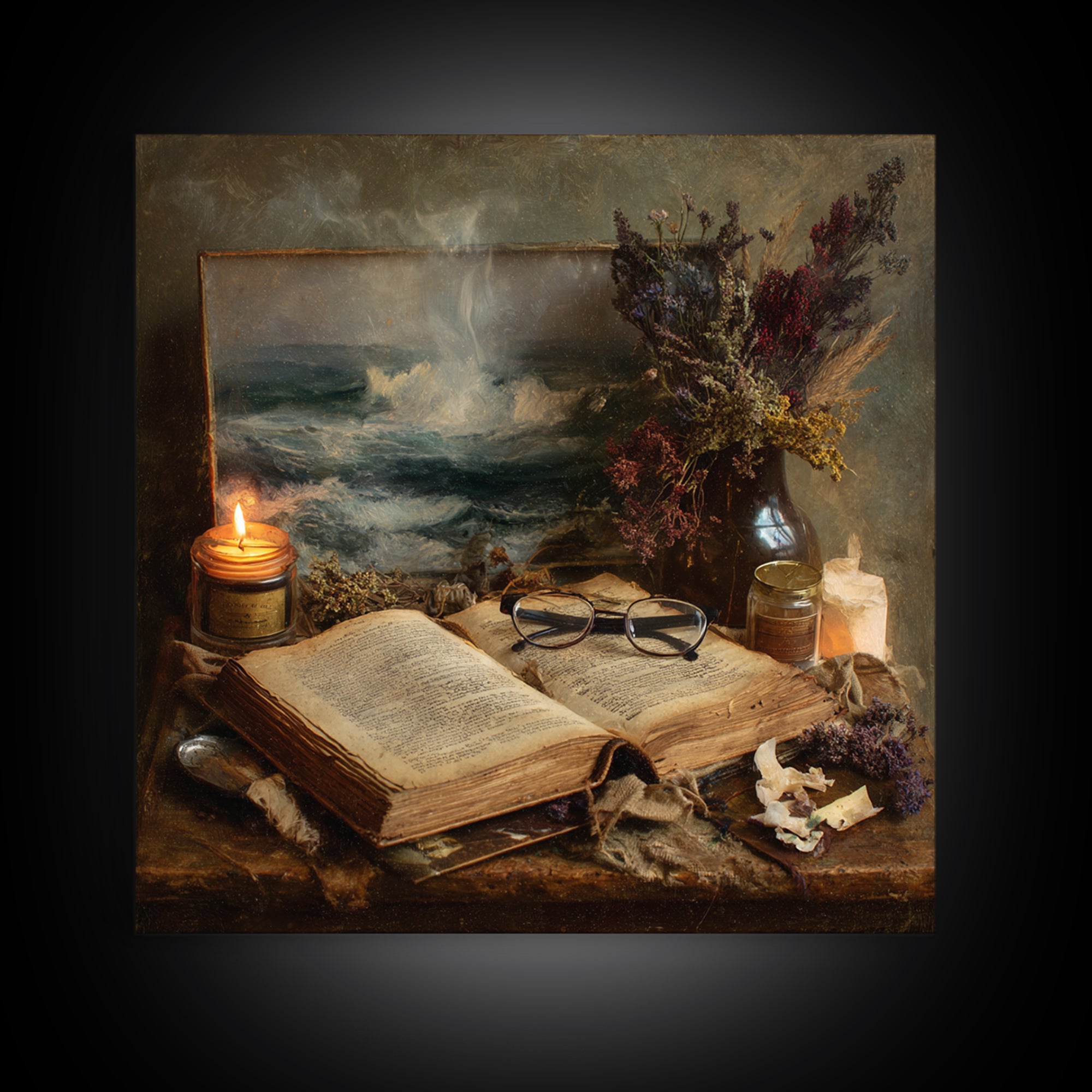 Stormy Sea Painting Inside an Open Book Canvas Print, Library Art, Neutral Decor, Library Decor, Fine Art, Archive, Home Decor, LIB-1x1-90