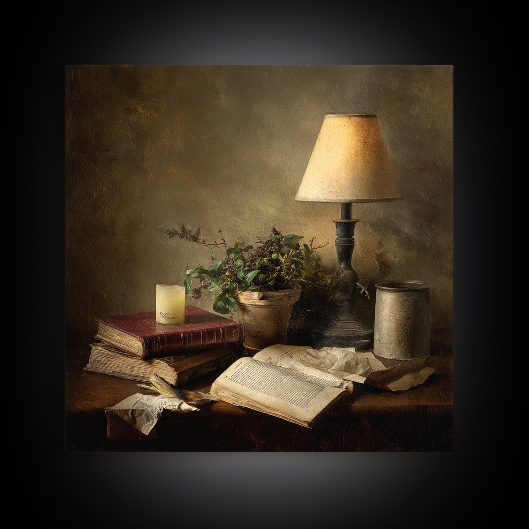 Warm Reading Lamp and Small Plant Still Framed Canvas Print, Library Art, Wall Art, Library Decor, Oil Painting, Archive, LIB-1x1-93