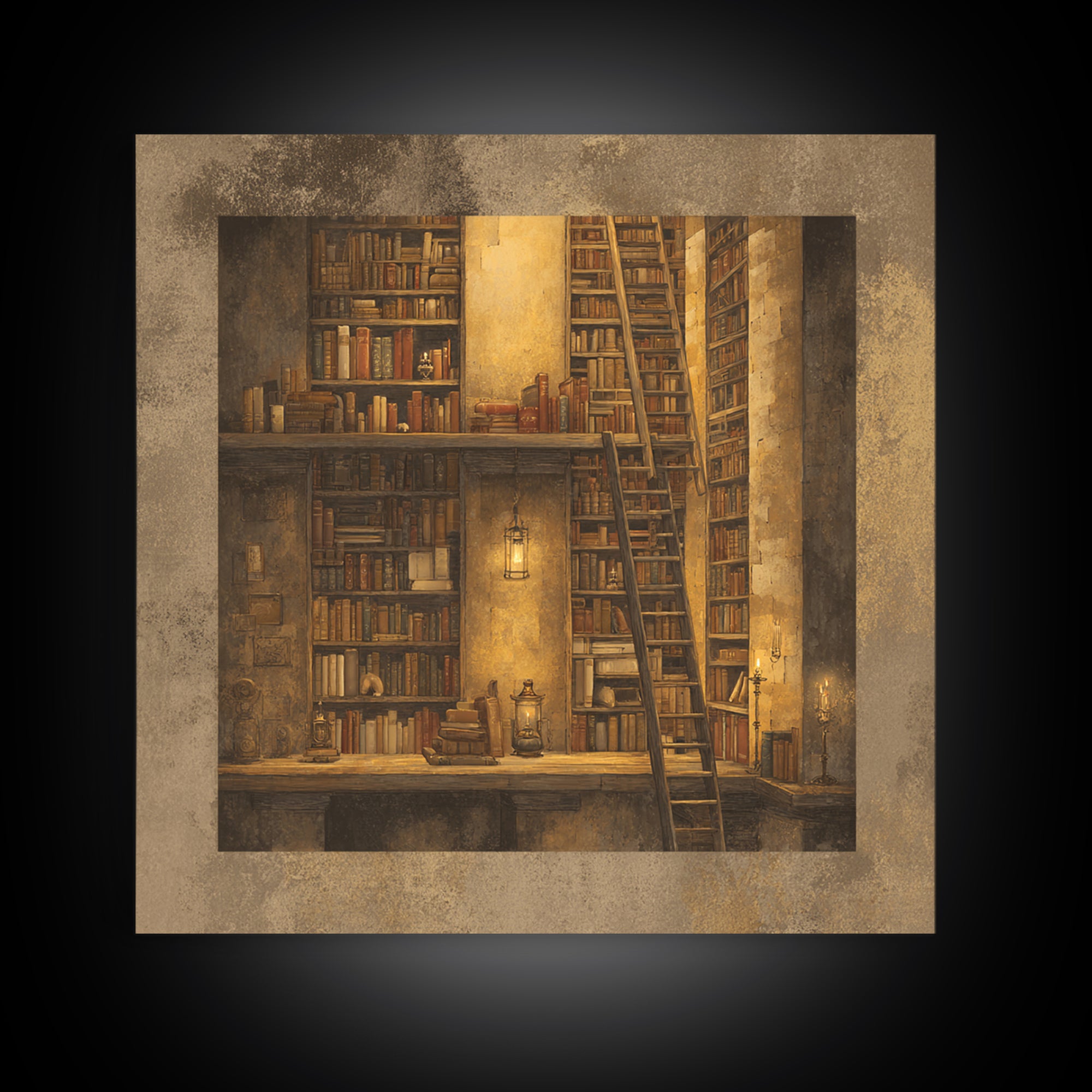 Rolling Library Ladder Canvas Print, Library Art, Painting, Library Decor, Archive, Halloween Printable, Gothic Wall Art, LIB-1x1-99