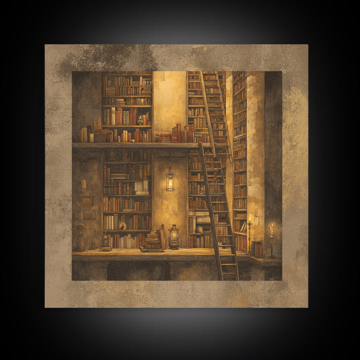 Rolling Library Ladder Canvas Print, Library Art, Painting, Library Decor, Archive, Halloween Printable, Gothic Wall Art, LIB-1x1-99
