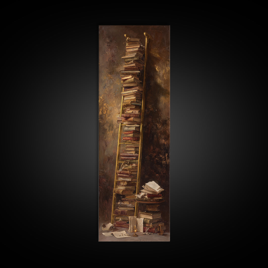 Rolling Library Ladder Framed Canvas Print, Library Art, Wall Art Print, Library Decor, Abstract Art, Archive, LIB-1x3-15