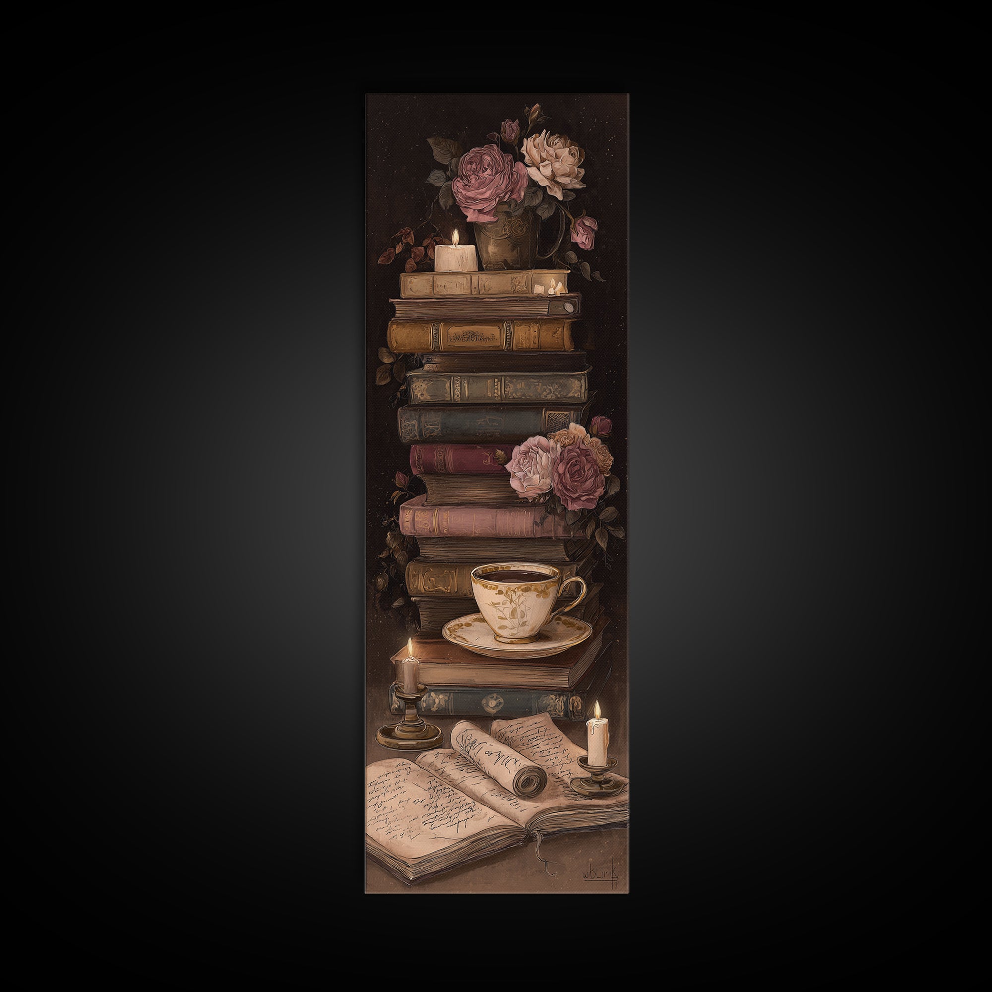 Teacup Beside a Novel and Roses Canvas Print, Library Art, Gothic Wall Decor, Library Decor, Fine Art, Archive, LIB-1x3-2