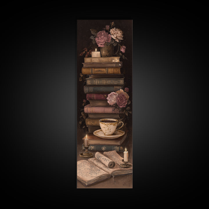 Teacup Beside a Novel and Roses Canvas Print, Library Art, Gothic Wall Decor, Library Decor, Fine Art, Archive, LIB-1x3-2