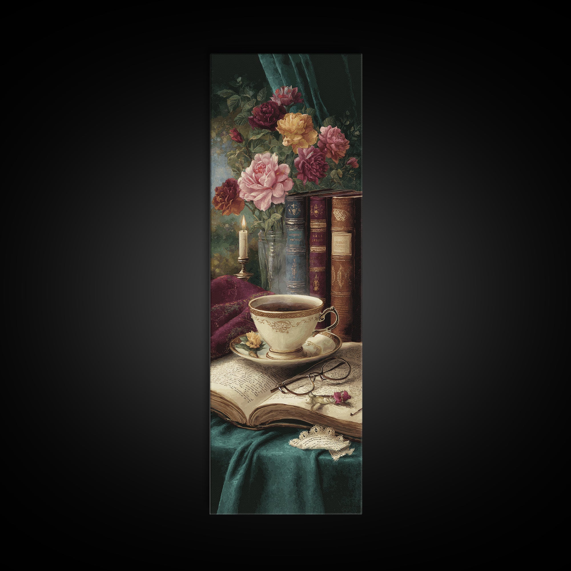 Teacup Beside a Novel and Roses Canvas Print, Library Art, Gothic Wall Decor, Library Decor, Fine Art, Archive, LIB-1x3-26