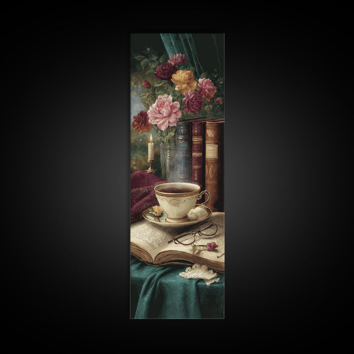 Teacup Beside a Novel and Roses Canvas Print, Library Art, Gothic Wall Decor, Library Decor, Fine Art, Archive, LIB-1x3-26