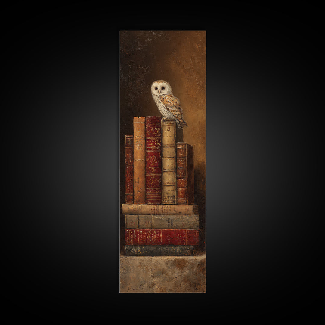 Owl Perched on a Pile of Antique Canvas Print, Library Art, Gallery Decor, Library Decor, Fine Art, Archive, Wall Art, LIB-1x3-38