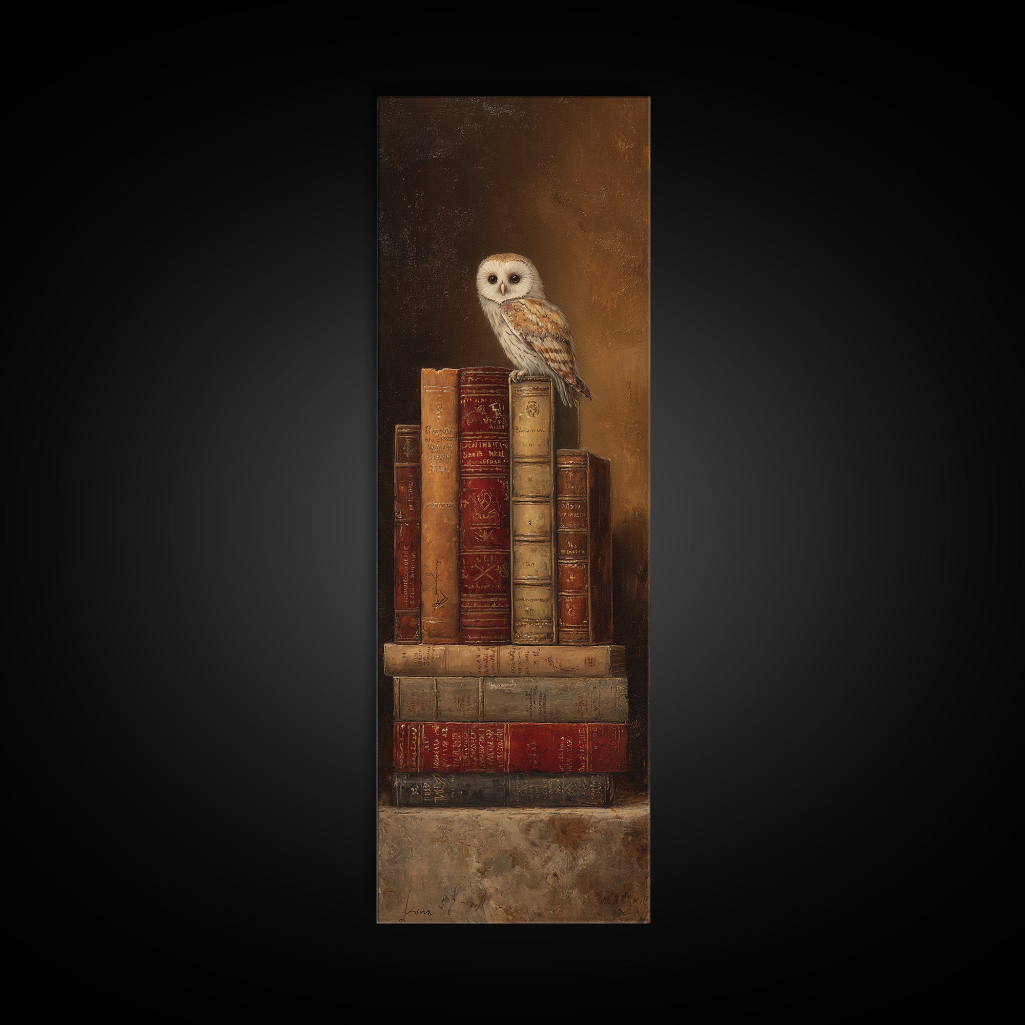 Owl Perched on a Pile of Antique Canvas Print, Library Art, Gallery Decor, Library Decor, Fine Art, Archive, Wall Art, LIB-1x3-38