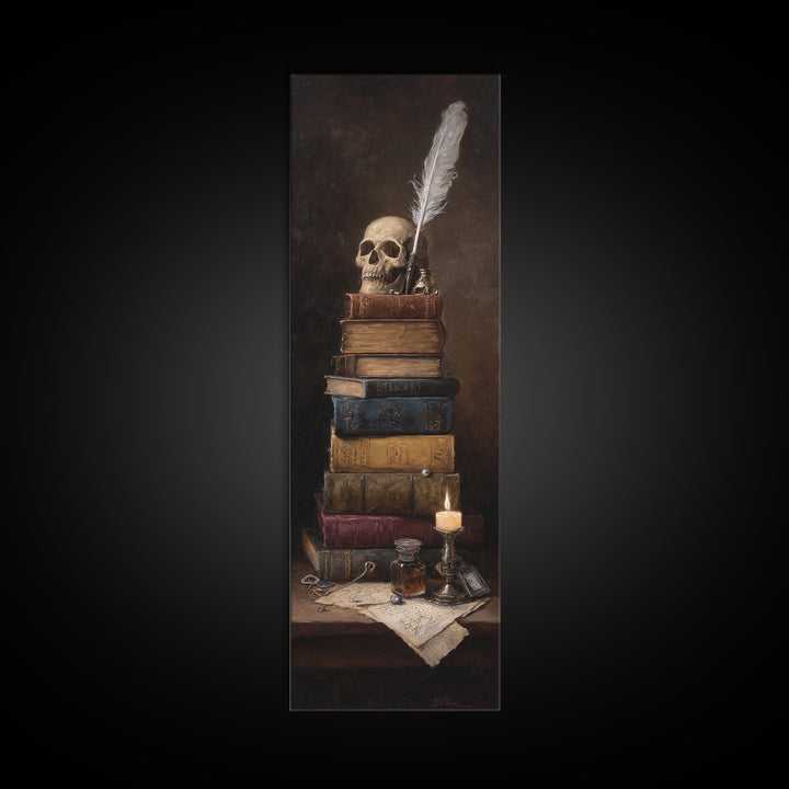 Dark Academia Skull Book and Quill Still Canvas Print, Library Art, Black Cat Art, Library Decor, Archive, Luxury Decor, LIB-1x3-41