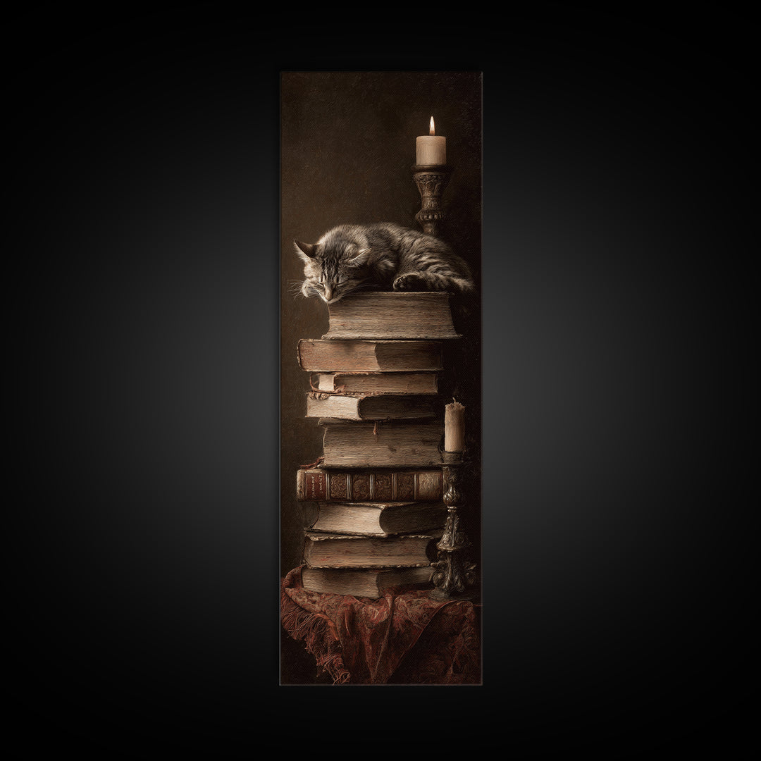 Cat Sleeping on a Book Stack Canvas Print, Library Art, Moody Wall Art, Library Decor, Fine Art, Archive, Gallery Decor, LIB-1x3-43
