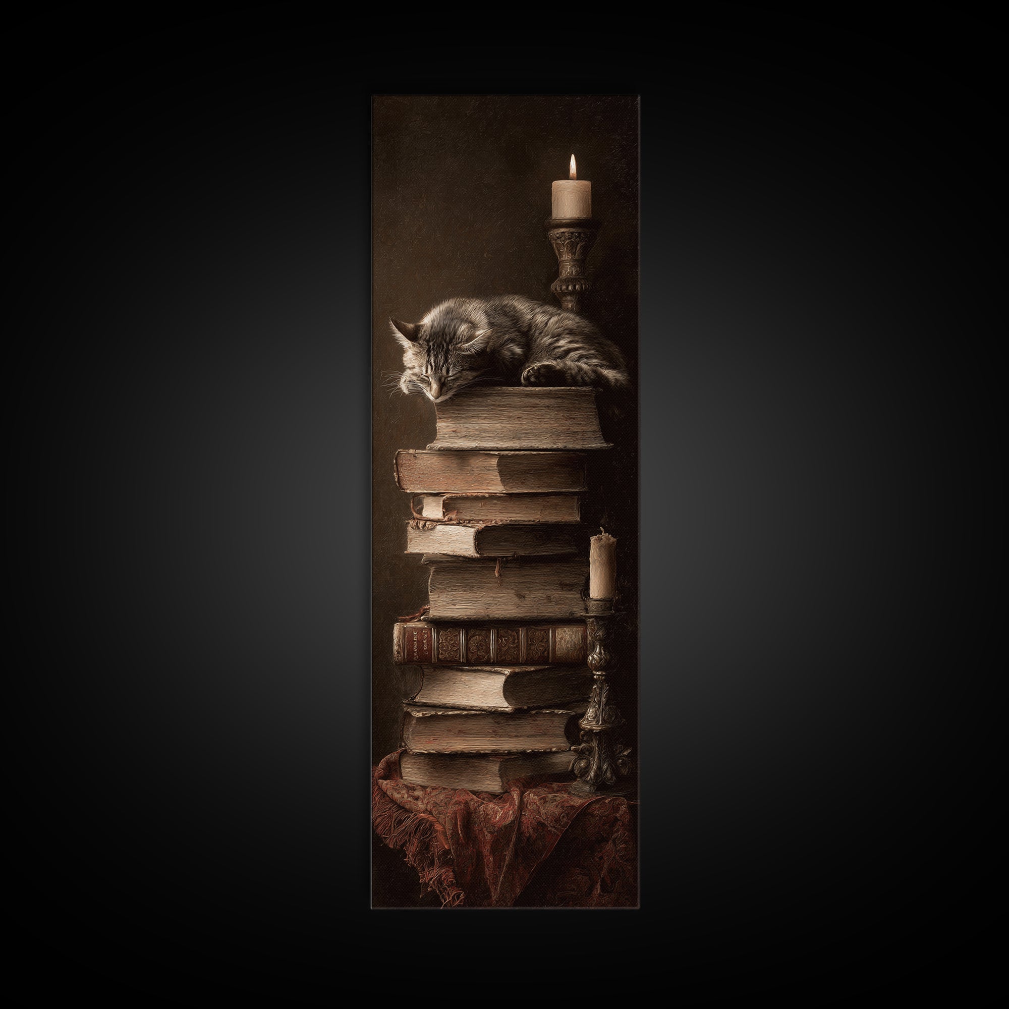 Cat Sleeping on a Book Stack Canvas Print, Library Art, Moody Wall Art, Library Decor, Fine Art, Archive, Gallery Decor, LIB-1x3-43
