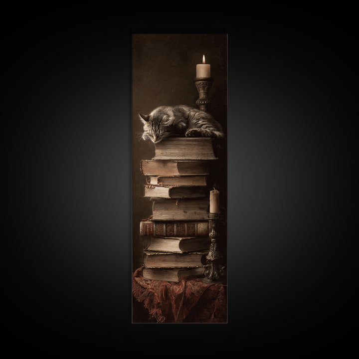 Cat Sleeping on a Book Stack Canvas Print, Library Art, Moody Wall Art, Library Decor, Fine Art, Archive, Gallery Decor, LIB-1x3-43