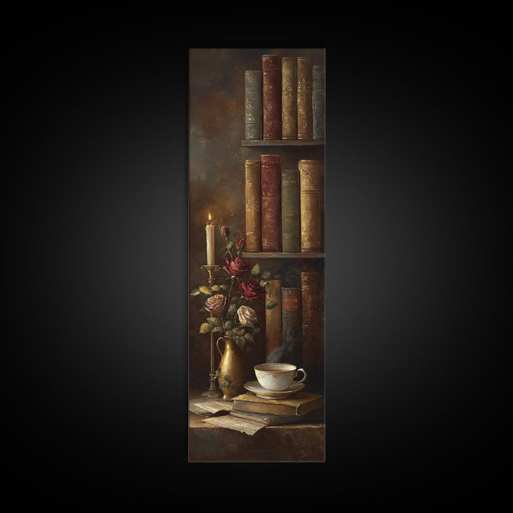 Teacup Beside a Novel and Roses Framed Canvas Print, Library Art, Fine Art Print, Library Decor, Fine Art, Archive, Painting, LIB-1x3-50