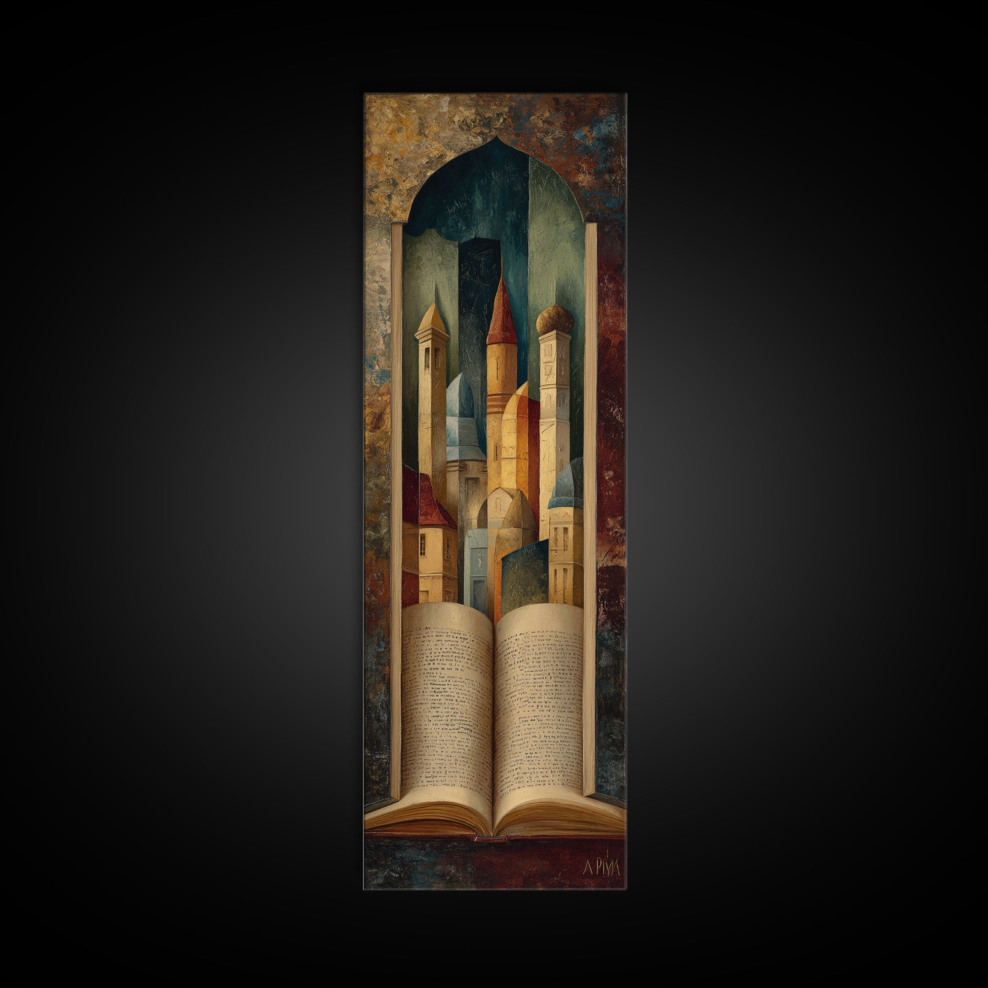Storybook Castle Emerging from Open Book Canvas Print, Library Art, Dark Academia Art, Library Decor, Abstract Art, Archive, LIB-1x3-51
