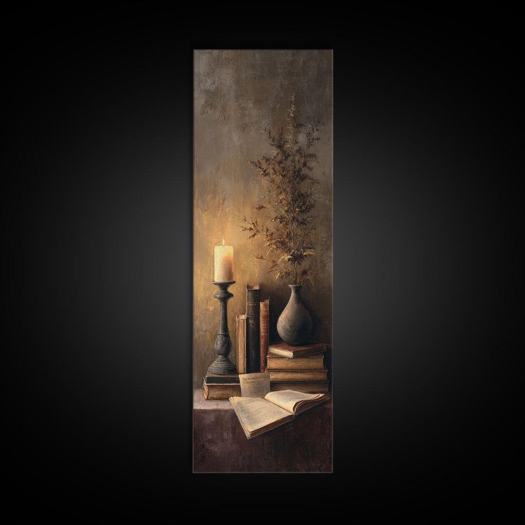 Warm Reading Lamp and Small Plant Still Canvas Print, Library Art, Bookish Decor, Library Decor, Archive, Modern Decor, LIB-1x3-81