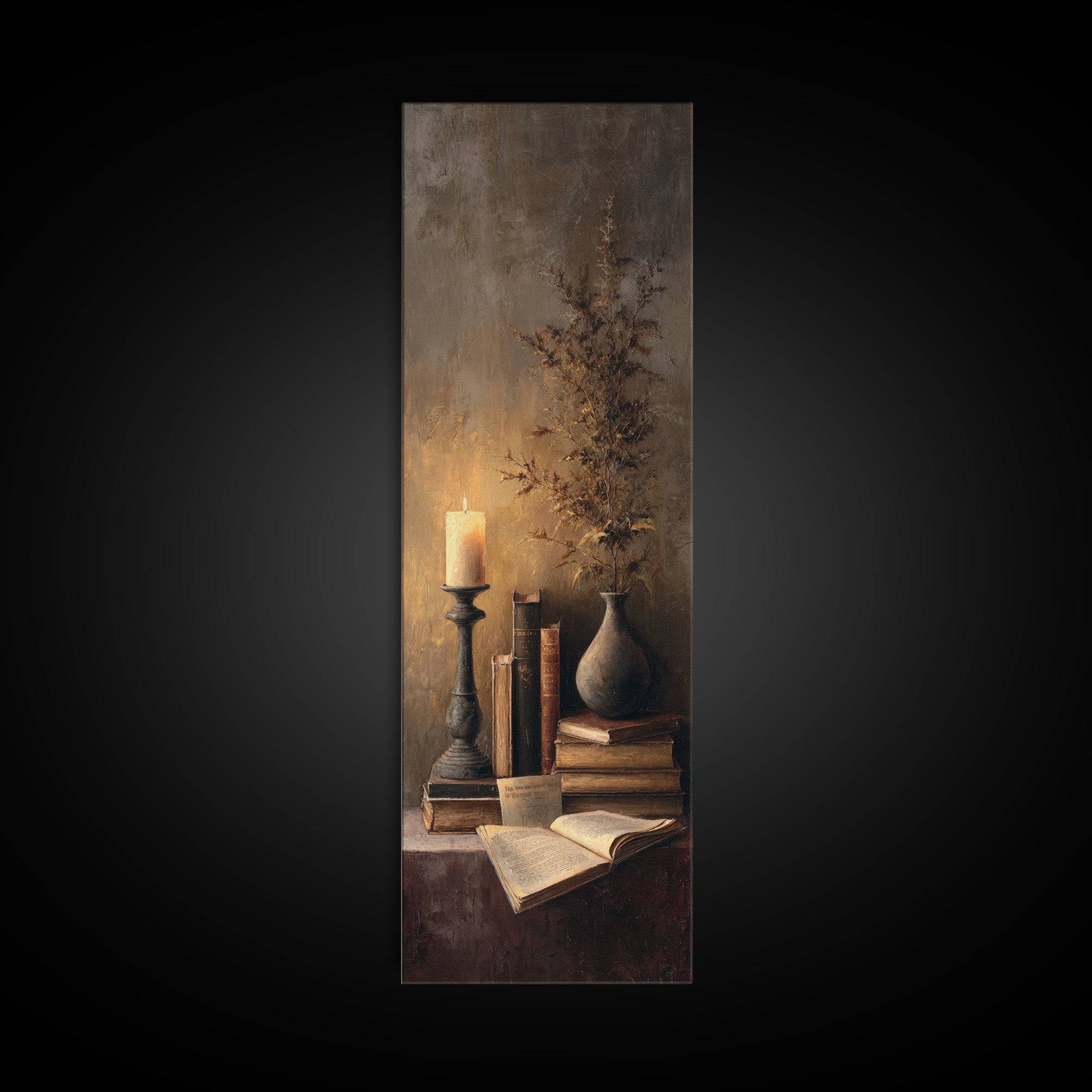 Warm Reading Lamp and Small Plant Still Canvas Print, Library Art, Bookish Decor, Library Decor, Archive, Modern Decor, LIB-1x3-81