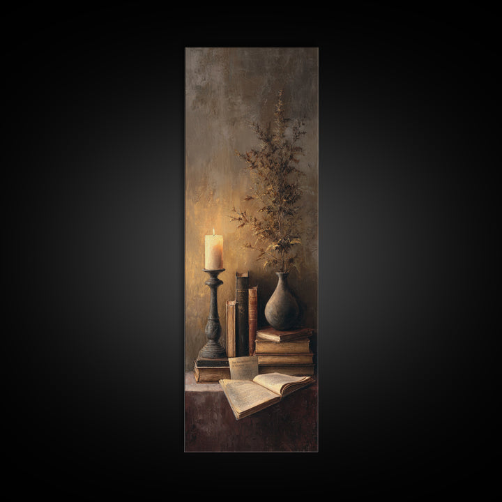 Warm Reading Lamp and Small Plant Still Canvas Print, Library Art, Bookish Decor, Library Decor, Archive, Modern Decor, LIB-1x3-81