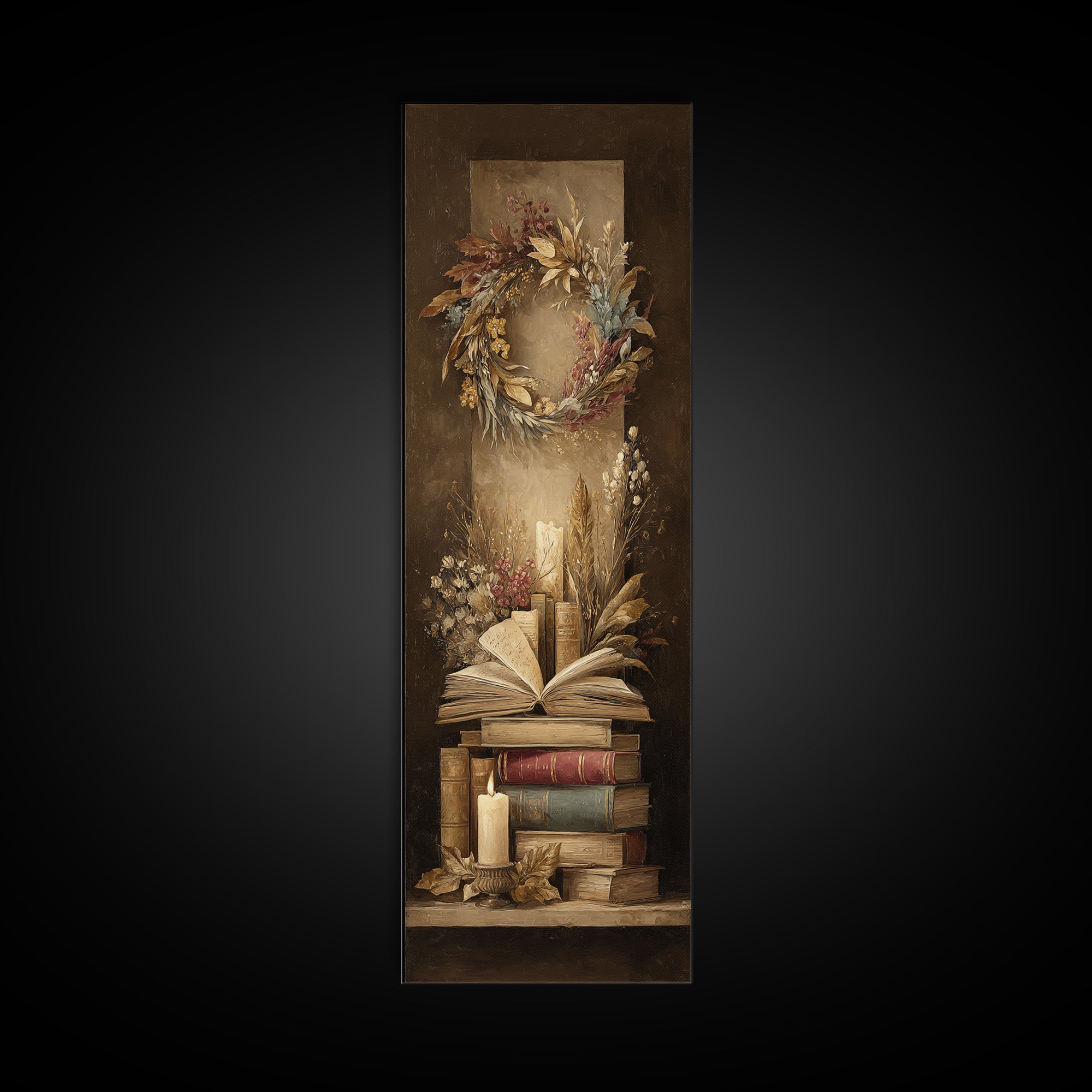 Botanical Wreath Surrounding an Open Book Framed Canvas Print, Library Art, Watercolor Art, Library Decor, Oil Painting, LIB-1x3-84