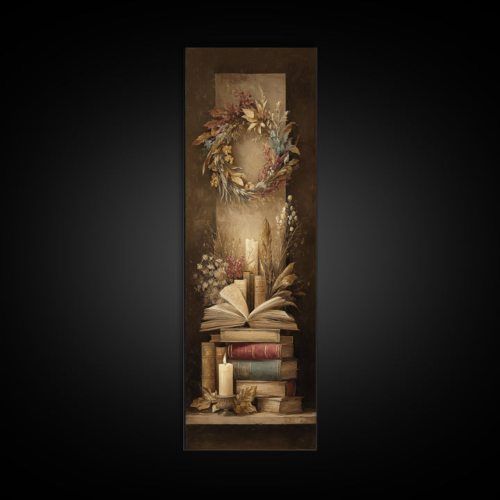 Botanical Wreath Surrounding an Open Book Framed Canvas Print, Library Art, Watercolor Art, Library Decor, Oil Painting, LIB-1x3-84